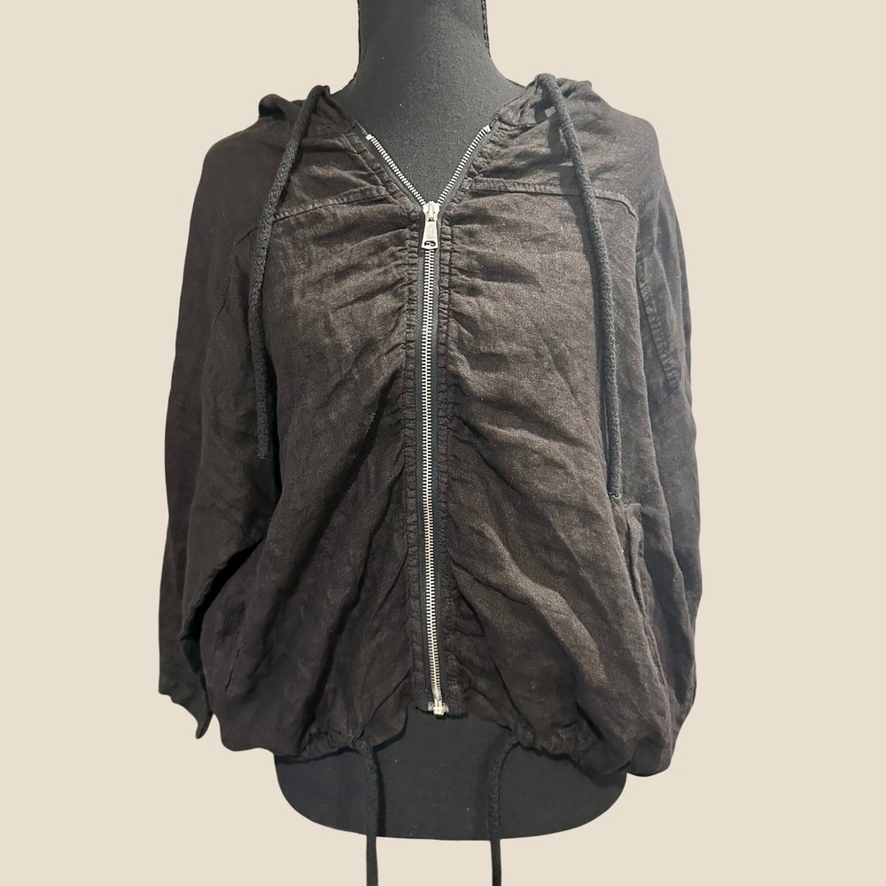 Liabella Black Linen Zip Up Hooded Jacket Boxy Relaxed Fit Three Quarter Sleeve - Picture 2 of 7
